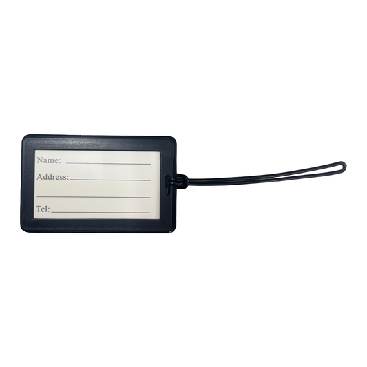 #Black luggage tag with a white label on a white background. "Name: _____ Address: _________ Tel:________"