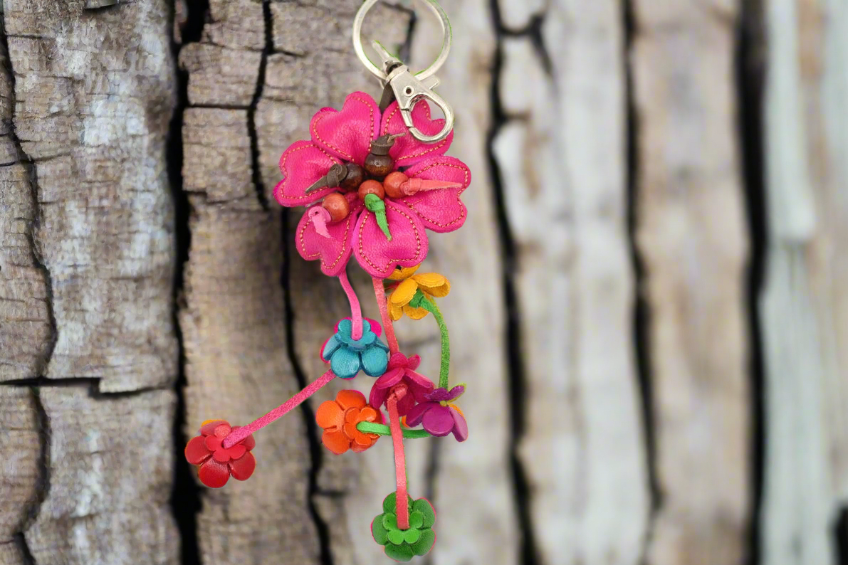 Leather Bag Charm/Keychain- Zinnia Magenta