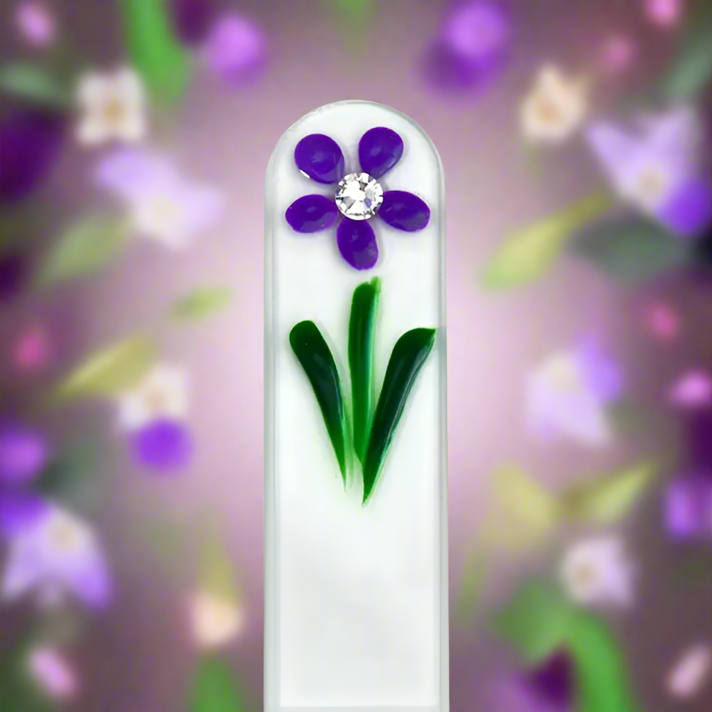 Czech Crystal Nail File - Size Large- Hand Painted Collection Purple Flower with Swarovski Crystal