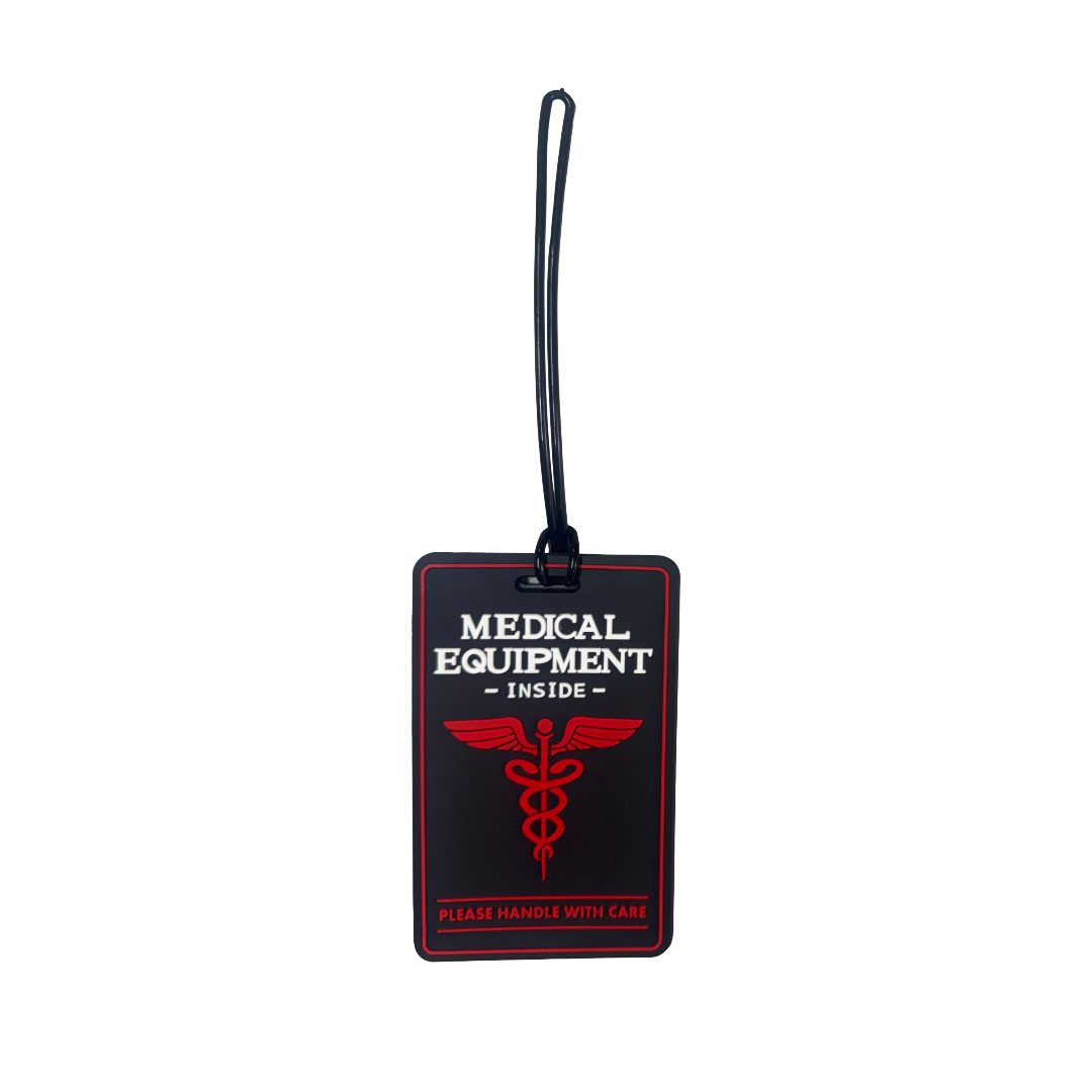 #Luggage tag with 'Medical Equipment Inside' text and caduceus symbol on a black background. "Medical Equipment Inside Please Handle With Care."