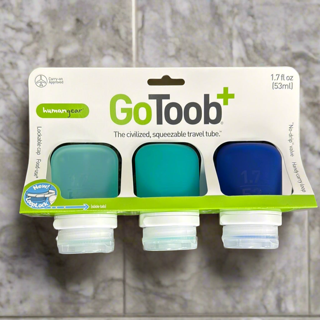 Humangear 1.7 oz GoToob+ 3-Pack Silicone 3-1-1 Toiletry Bottles (SMALL) Ocean