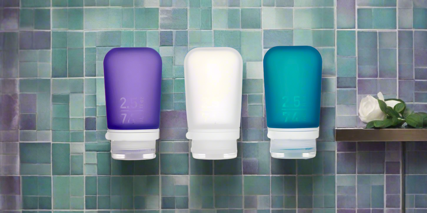 Humangear 2.5 oz GoToob+ 3-Pack Silicone 3-1-1 Toiletry Bottles (MEDIUM) Clear Purple Teal