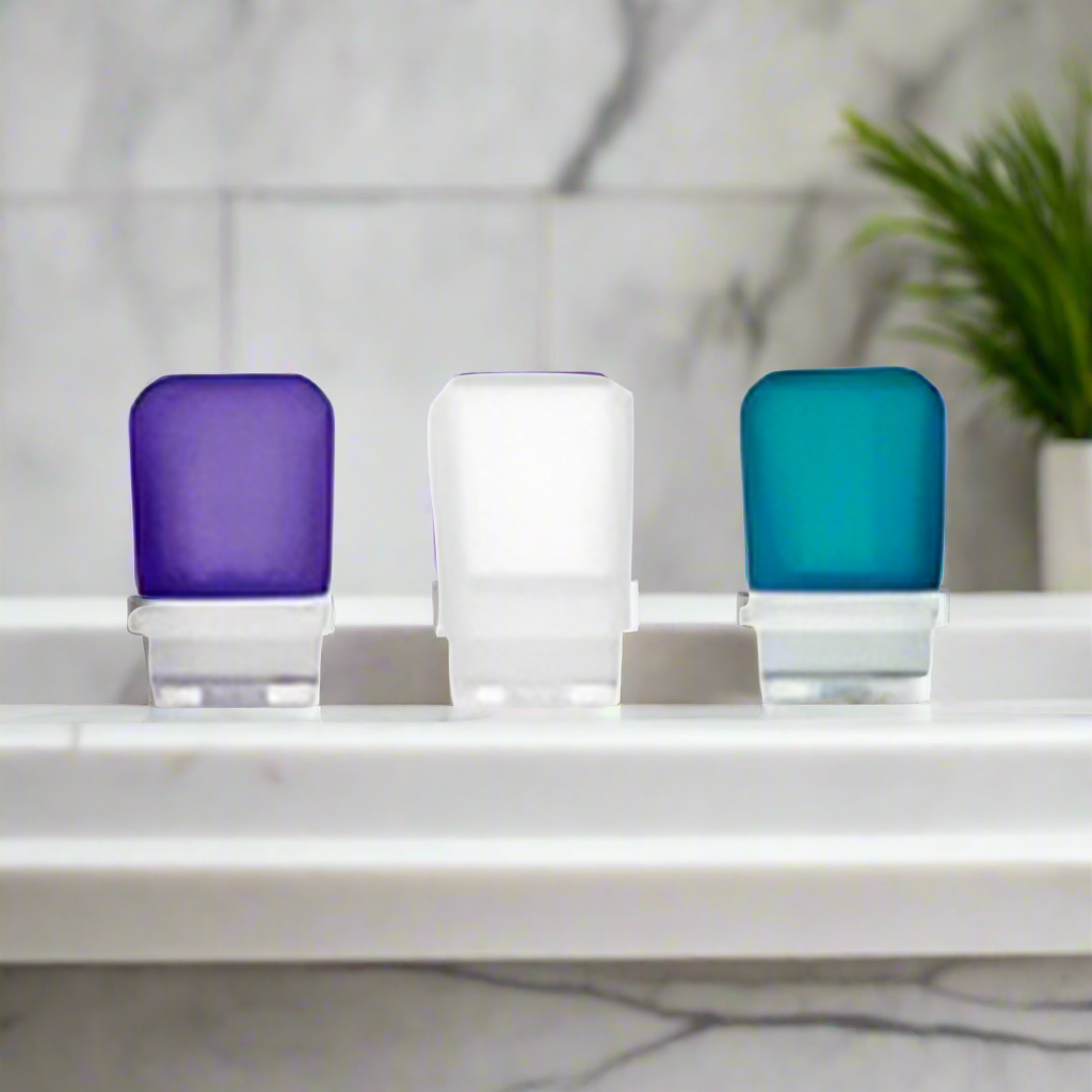 Humangear 1.7 oz GoToob+ 3-Pack Silicone 3-1-1 Toiletry Bottles (SMALL) Clear Purple Teal