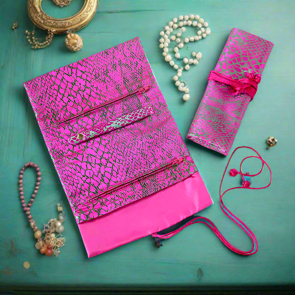 Cathayana Jewelry Rolls Animal Prints- Fuchsia Green