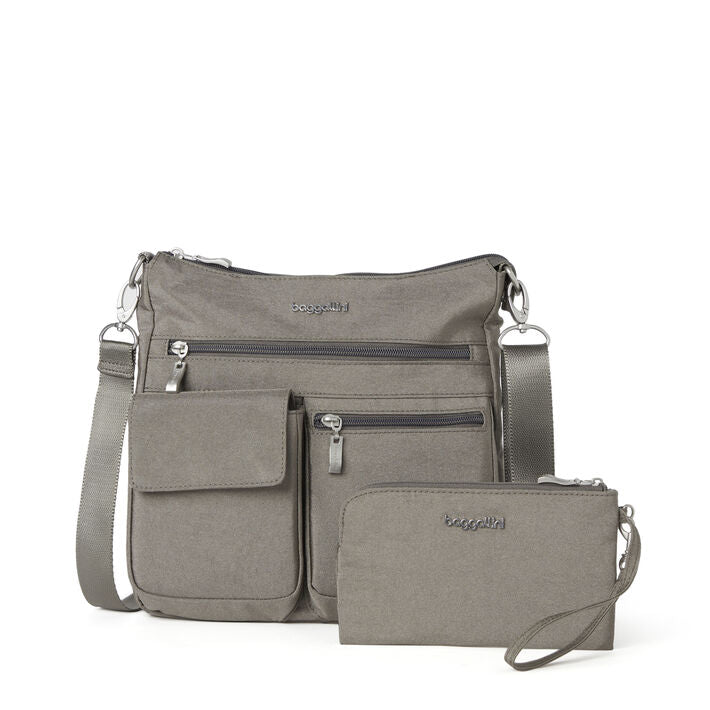 Baggallini Modern Everywhere Slim Crossbody With Removable RFID Wristlet Wallet Sterling Shimmer