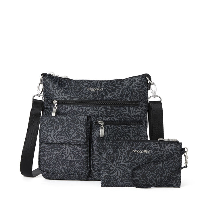 Baggallini Modern Everywhere Slim Crossbody With Removable RFID Wristlet Wallet Midnight Blossom Print