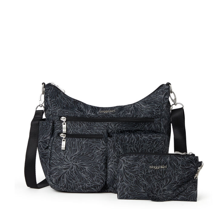Baggallini Modern Everywhere Hobo Crossbody w/ Trolley Sleeve & RFID Wristlet Wallet Midnight Blossom Print