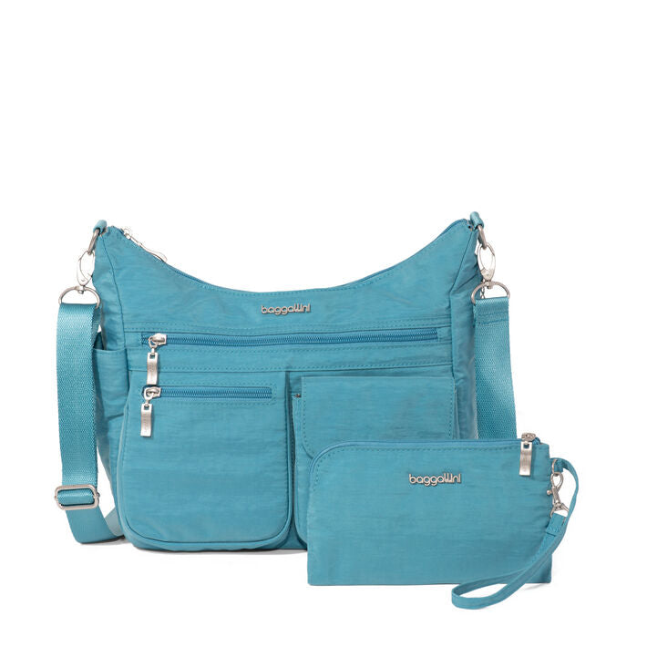 Baggallini Modern Everywhere Hobo Crossbody w/ Trolley Sleeve & RFID Wristlet Wallet Seaside Blue