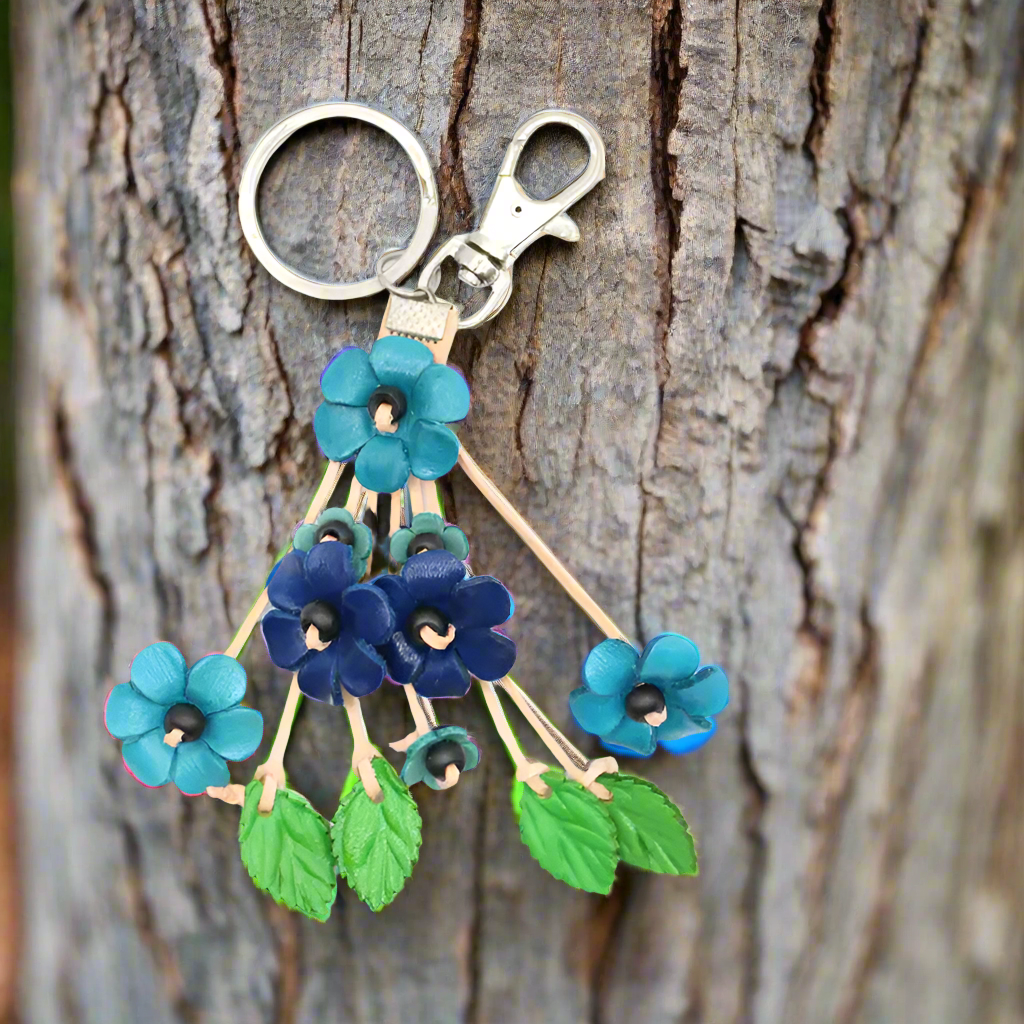 Small Leather Bag Charm/Keychain- Poppies Blue