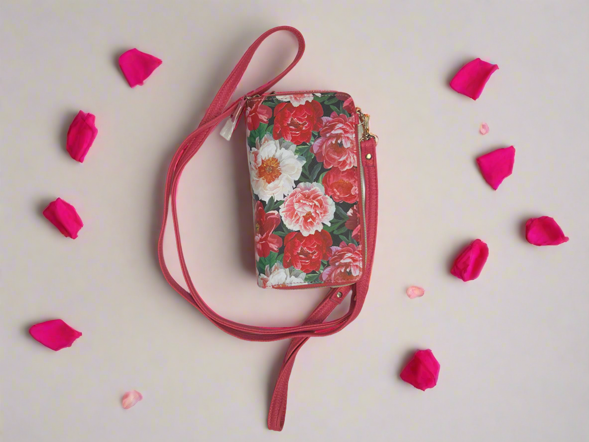 Buxton Trudy Everywhere Wallet on a String-Vegan Hot Pink with Roses