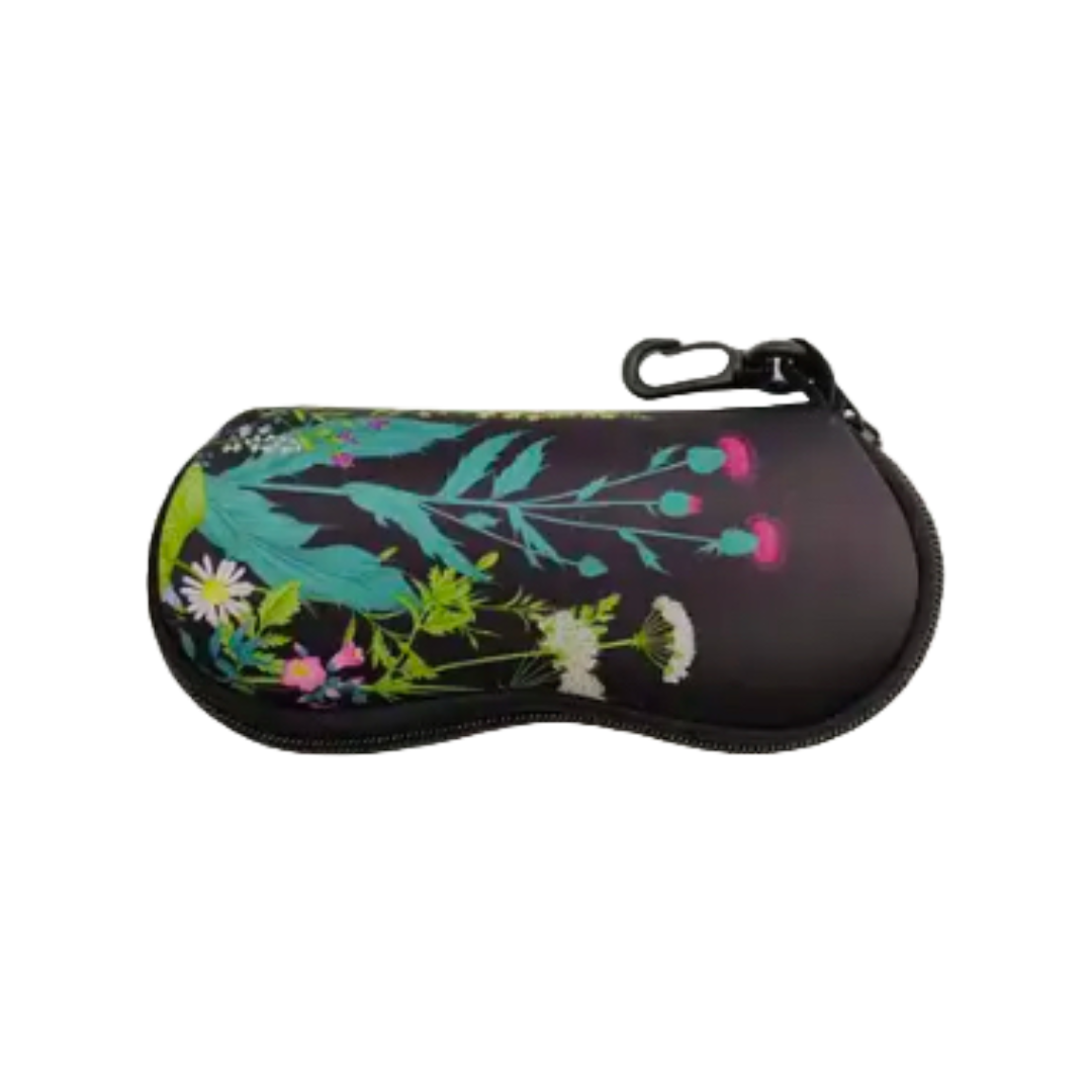 Zippered Neoprene Eyeglass Pouch With Carrying Clip Black with flowers