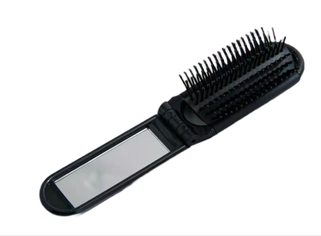 Travel Folding Hair Brush with Mirror Black
