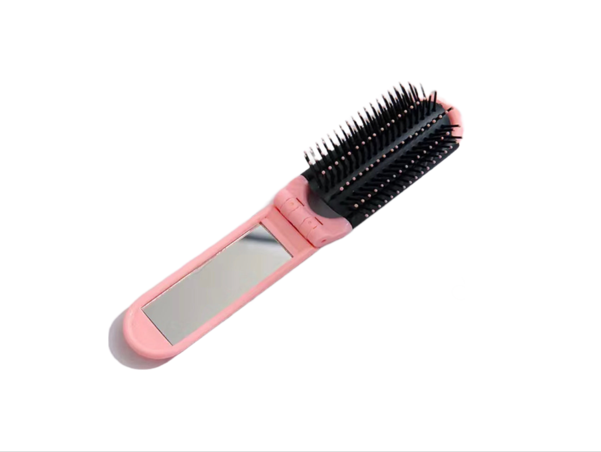 Travel Folding Hair Brush with Mirror Pink