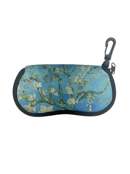 Zippered Neoprene Eyeglass Pouch with plastic carabiner clip- Almond Blossom