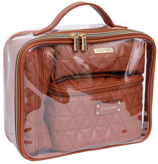 Joan & David Triangle Quilted 4 Piece Clear Cosmetic/Toiletry Bag Set Cognac