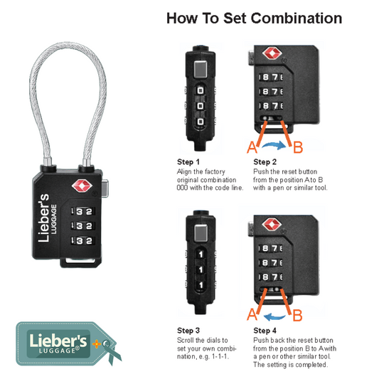 #How to set combination. Step 1: Align the factory original combination 000 with the code line. Step 2: Push the reset button from the position A to B with a pen or similar tool. Step 3: Scroll the dials to set your own combination (e.g. 1-1-1). Step 4: Push back the reset button from position B to A with a pen or similar tool. Setting is completed.
