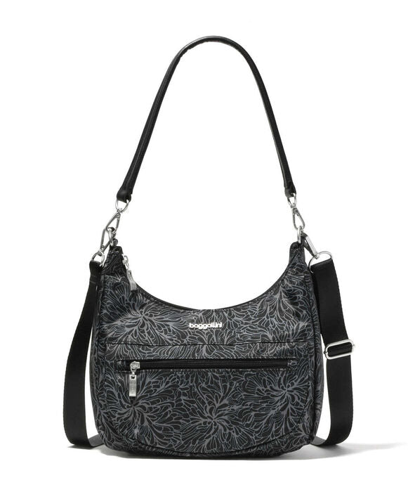 Baggallini Modern Pocket Half Moon Bag Midnight Blossom Print
