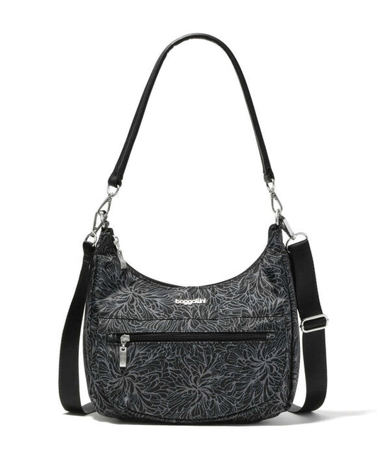 Baggallini Modern Pocket Half Moon Bag Midnight Blossom Print