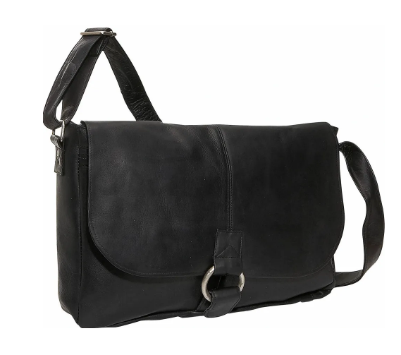 David King & Co. 199 Leather East/West 1/2 Flap Messenger Bag with Large Ring Black