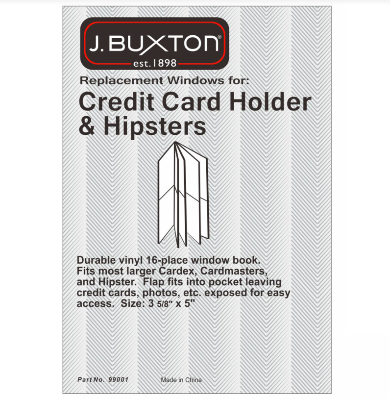 Replacement Windows for:
Credit Card Holder
& Hipsters. Durable vinyl 16-place window book.
Fits most larger Cardex, Cardmasters, and Hipster. Flap fits into pocket leaving credit cards, photos, etc. exposed for easy access. Size: 3 5/8" x 5"