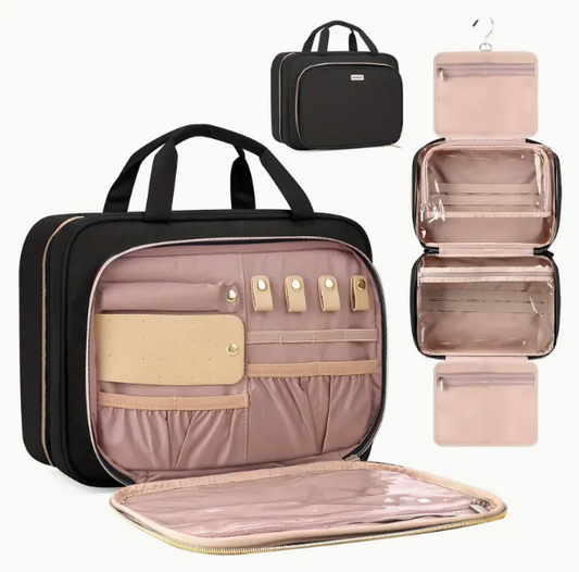 Water Resistant Hanging Toiletry Travel Bag With Jewelry Organizer Black