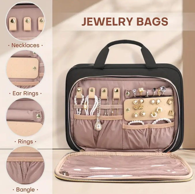 Water Resistant Hanging Toiletry Travel Bag With Jewelry Organizer