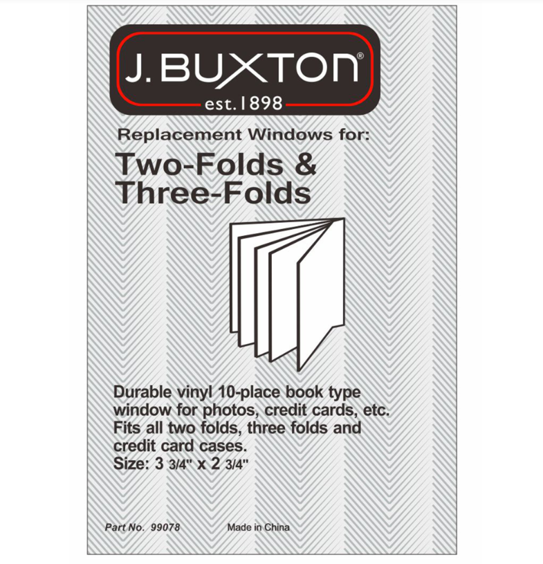 Replacement Windows for:
Two-Folds & Three-Folds. Durable viny 10-place book type window for photos, credit cards, etc.
Fits all two folds, three folds and credit card cases.
Size: 3 3/4" x 2/314"