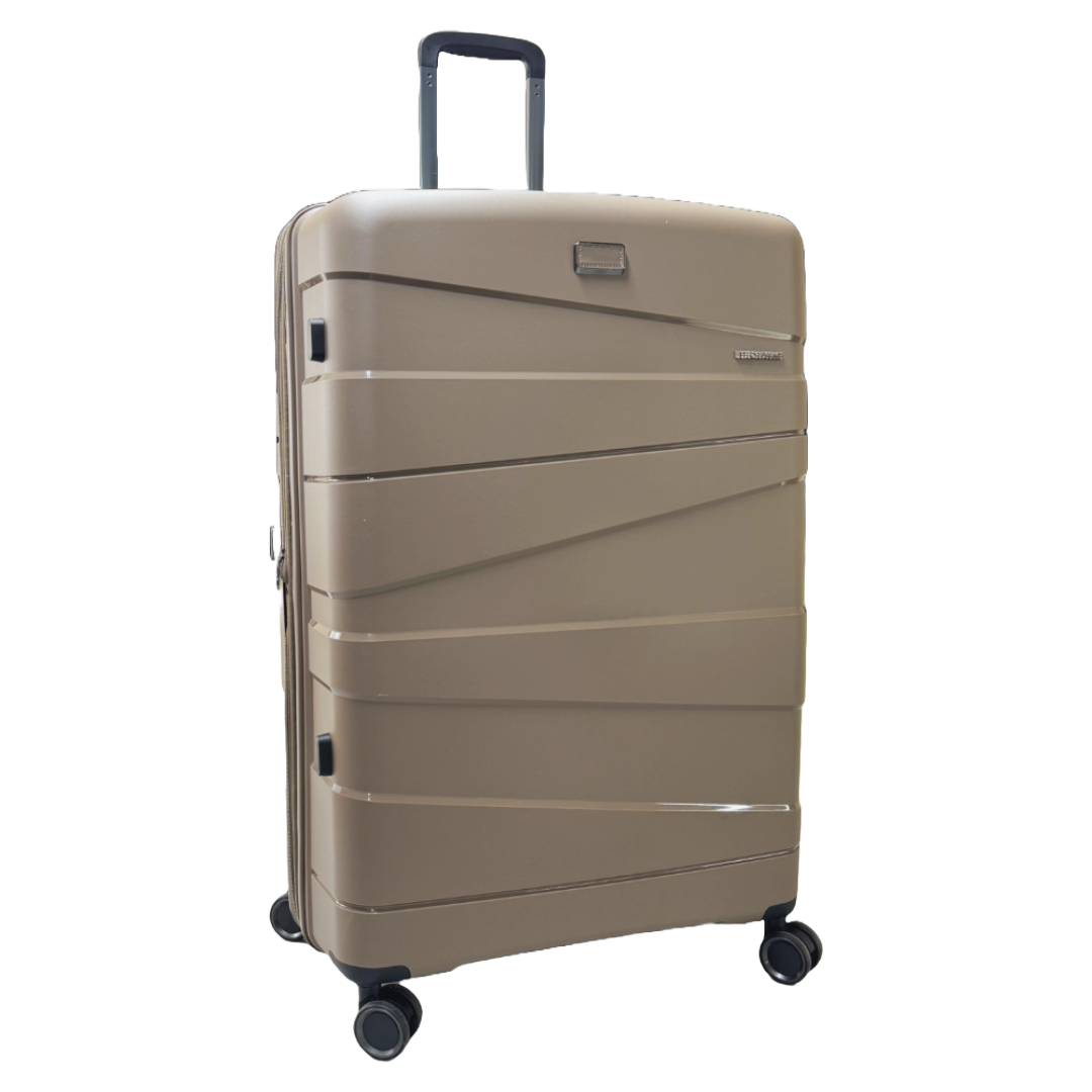 #Beige suitcase with wheels on a white background