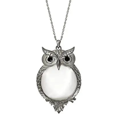 The Tizana 6x Magnifying Glass Pendant Necklace Owl Antique Silver