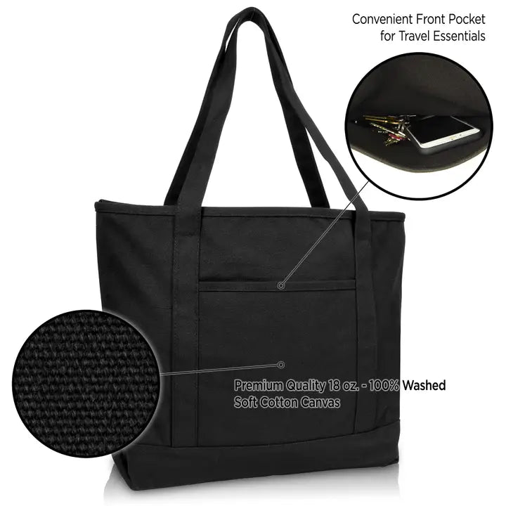 Dalix 20" Solid Color Cotton Canvas Shopping Tote Bag Black