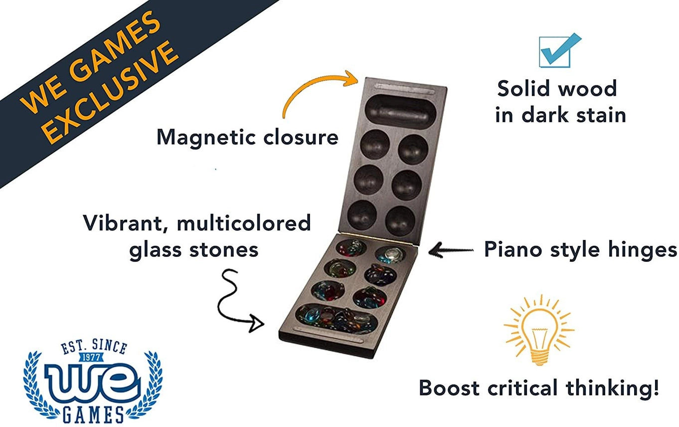 WE Games - Folding Mancala Game - Dark Stained Wood & Glass Stones Mancala Game