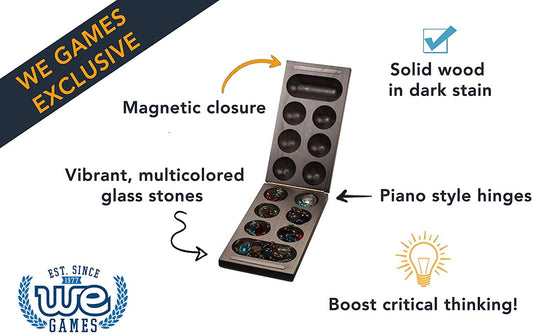 WE Games - Folding Mancala Game - Dark Stained Wood & Glass Stones Mancala Game
