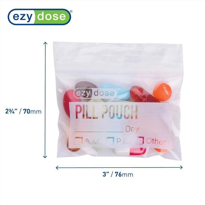 ezy dose pill pouch with colorful pills and measurement details on a white background