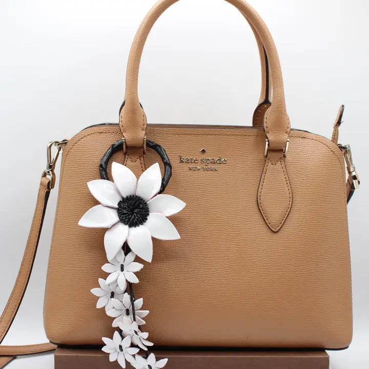 Leather Bag Charm/Keychain- Daisy White