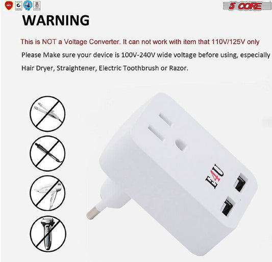 European Adapter- USB Wall Charger White with Surge Protector, Multi Charging Power Outlet with 2 USB Ports and One AC Plug Expander (2U1O-C-1)