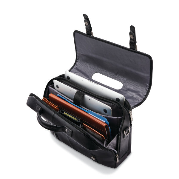 Samsonite CLASSIC LEATHER Flapover Messenger Zippered Briefcase w/ trolley sleeve passthrough