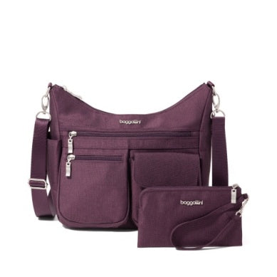 Baggallini Modern Everywhere Hobo Crossbody w/ Trolley Sleeve & RFID Wristlet Wallet Plum Heritage