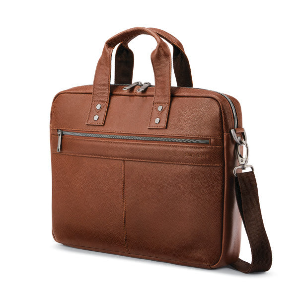 Samsonite CLASSIC LEATHER Slim Zippered Briefcase/Laptop Tote w/ trolley sleeve passthrough Cognac