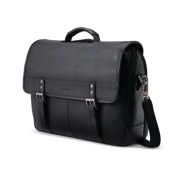 Samsonite CLASSIC LEATHER Flapover Messenger Zippered Briefcase w/ trolley sleeve passthrough Black