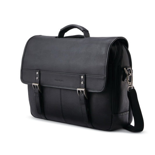 Samsonite CLASSIC LEATHER Flapover Messenger Zippered Briefcase w/ trolley sleeve passthrough Black
