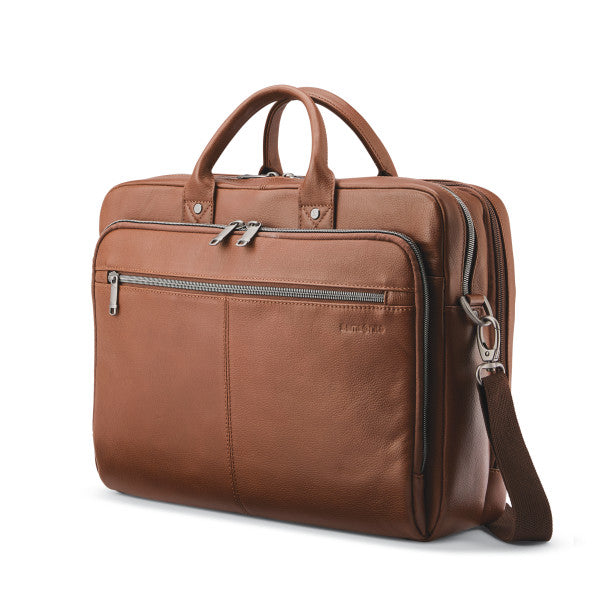 Samsonite CLASSIC LEATHER Toploader Zippered Briefcase w/ trolley sleeve passthrough Cognac