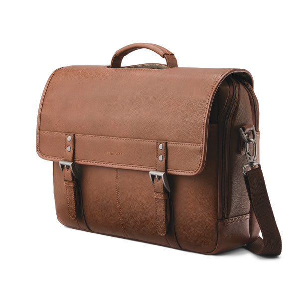 Samsonite CLASSIC LEATHER Flapover Messenger Zippered Briefcase w/ trolley sleeve passthrough Cognac