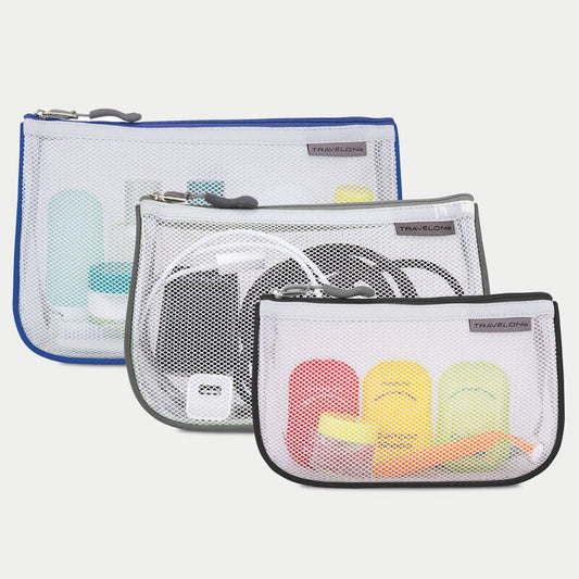 Travelon Set of 3 Assorted Piped Pouches Nesting packing pouches Cool Tones