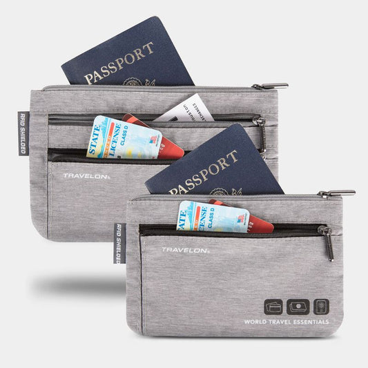 Travelon World Travel Essentials Set of 2 RFID Currency & Passport Organizers Grey Heather