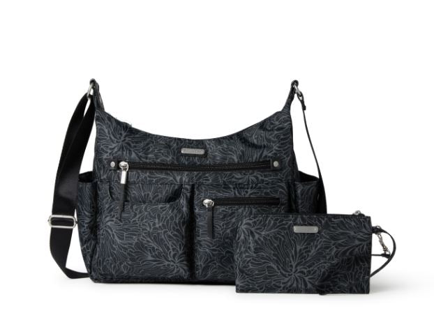 Baggallini Anywhere Large Hobo Tote with RFID wristlet Midnight Blossom