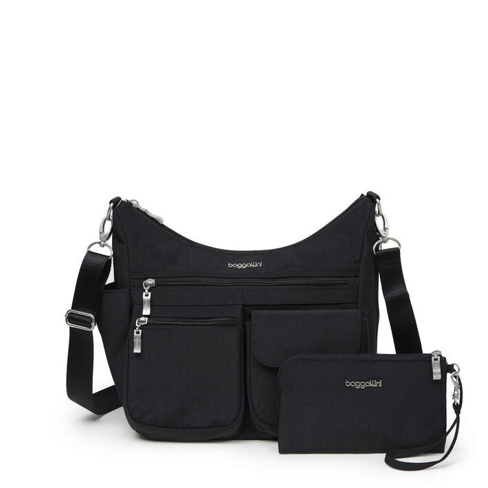 Baggallini Modern Everywhere Hobo Crossbody w/ Trolley Sleeve & RFID Wristlet Wallet Black