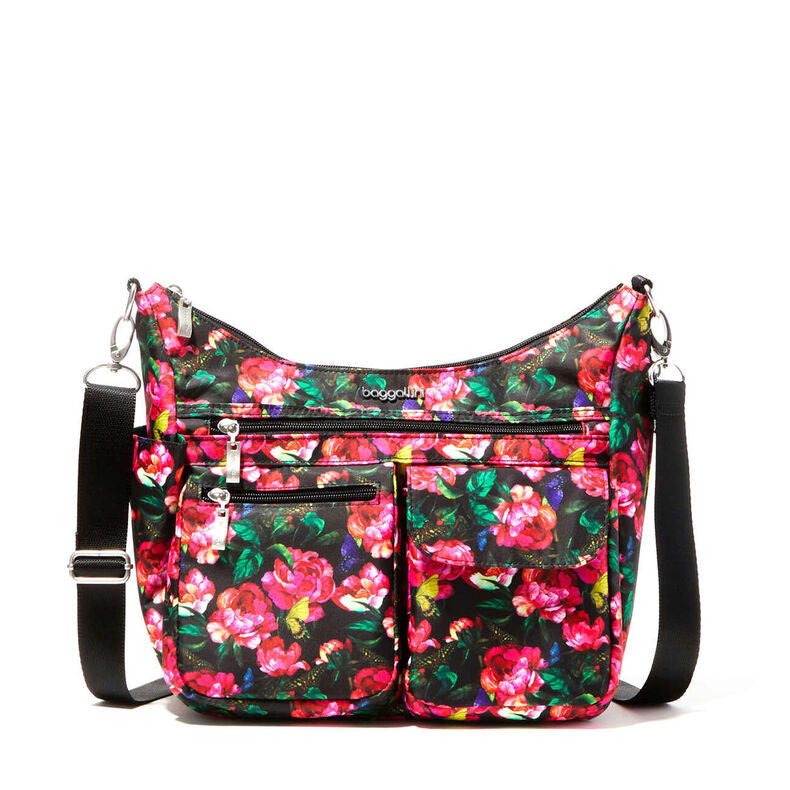 Baggallini Modern Everywhere Hobo Crossbody w/ Trolley Sleeve & RFID Wristlet Wallet Fuchsia Rose Print
