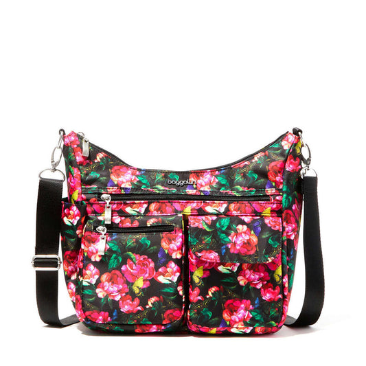Baggallini Modern Everywhere Hobo Crossbody w/ Trolley Sleeve & RFID Wristlet Wallet Fuchsia Rose Print