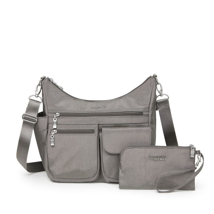 Baggallini Modern Everywhere Hobo Crossbody w/ Trolley Sleeve & RFID Wristlet Wallet Sterling Shimmer