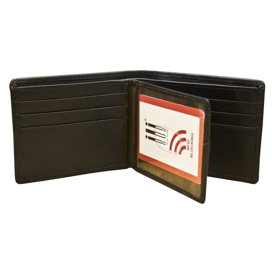 ili New York - Leather RFID blocking Bifold Men's Wallet with Middle Flip ID- 7745 Black